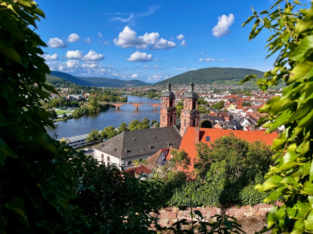 Ein Panoramablick von der Mildenburg über die roten Ziegeldächer der Altstadt. Im Zentrum ragen die markanten Doppeltürme der Stadtpfarrkirche St. Jakobus auf. Im Hintergrund überspannt eine rötliche Sandsteinbrücke den Main, gesäumt von grünen Hügeln unter einem sommerlichen Wolkenhimmel.