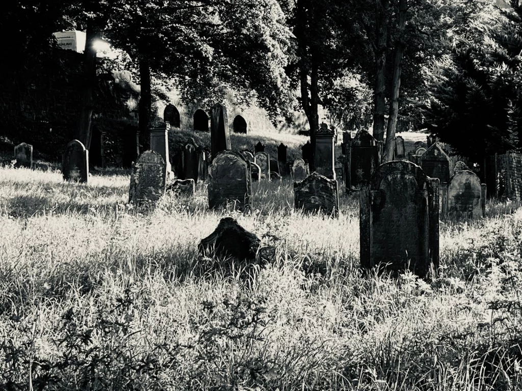 Künstlerische Schwarzweißaufnahme des alten jüdischen Friedhofs mit historischen Grabsteinen.