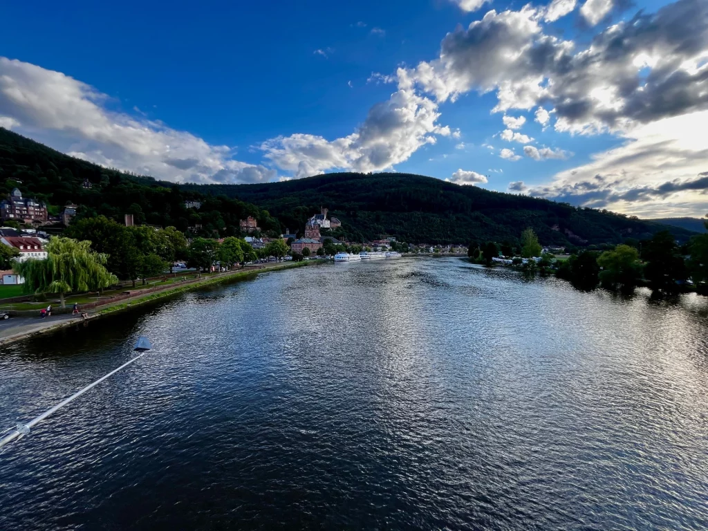 Weitblick über den Main mit Stadt, Booten und bewaldeten Hügeln im Hintergrund unter einem wolkenreichen, blauen Himmel.