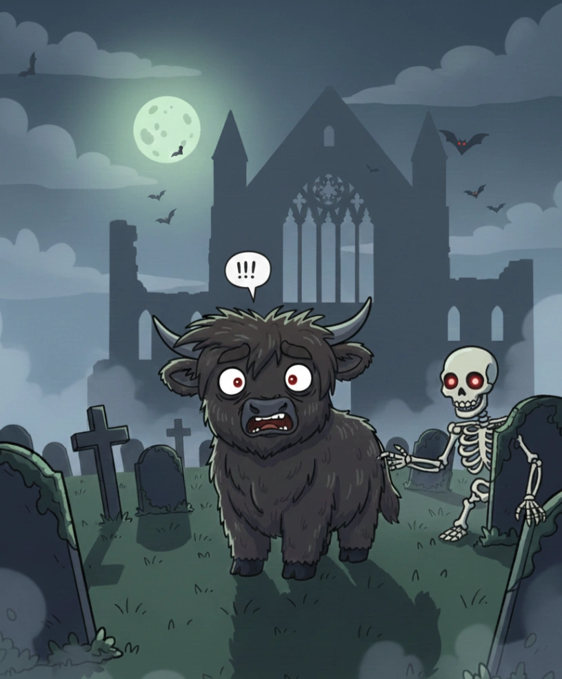 Cartoon-Illustration von Angus dem Hochlandrind, das erschrocken auf dem nebligen Friedhof der Sweetheart Abbey steht, während ein Skelett hinter einem Grabstein hervorkommt.
