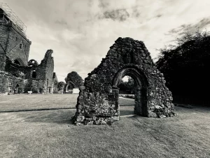 Ein erhaltener, spitzzulaufender Torbogen aus grobem Steinmauerwerk auf einer gepflegten Rasenfläche, der den Blick auf die weiteren Ruinen der Abtei freigibt.