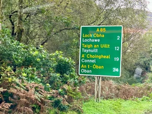 Ein grünes britisches Straßenschild an der A85 im Wald. Die Ortsnamen sind in Gälisch und Englisch aufgeführt: Lochawe (2 Meilen), Taynuilt (12), Connel (19) und Oban (24).