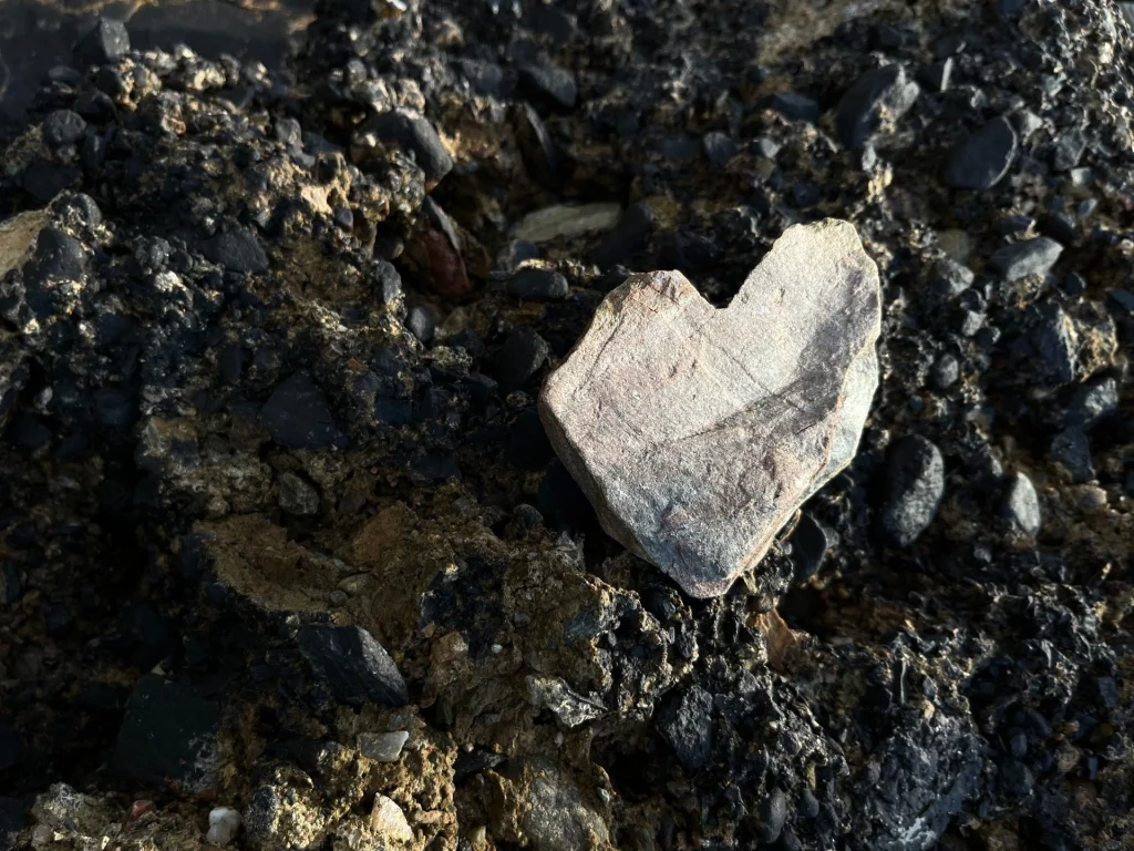 Nahaufnahme eines hellgrauen, flachen Steins in Form eines Herzens, der auf einem Untergrund aus dunklen, groben Kieselsteinen und Erde liegt.