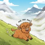 Eine freundliche Comic-Illustration eines kleinen, braunen Highland-Rinds mit struppigem Fell und Hörnern. Das Tier rennt freudig einen grünen Grashang hinunter, im Hintergrund ragen neblige Berggipfel unter einem blauen Himmel auf. Über dem Kopf des Rindes steht der Text „mo mo mo“.