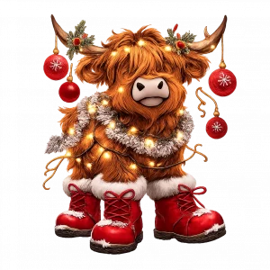 Ein illustriertes schottisches Hochlandrind namens Angus, geschmückt mit einer leuchtenden Lichterkette, roten Weihnachtskugeln an den Hörnern und roten Weihnachtsstiefeln.