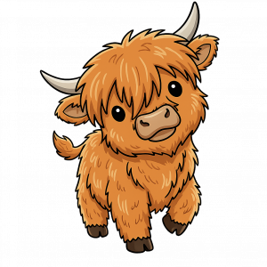 Ein niedliches Plüsch-Hochlandrind mit zotteligem Fell und kleinen Hörnern sitzt im Innenraum eines Wohnmobils.