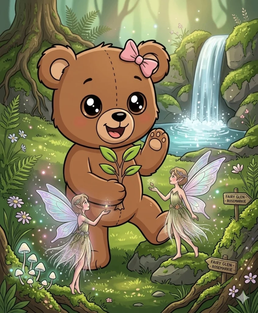 Eine bunte Illustration eines lächelnden Teddybären mit rosa Schleife, der im Fairy Glen neben zwei kleinen, glitzernden Feen vor einem Wasserfall steht.