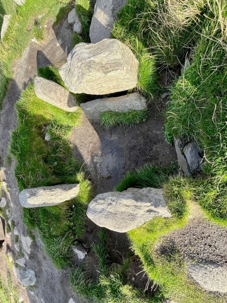 Draufsicht auf kleinere, flach liegende Steine und Felsstrukturen im Boden innerhalb der Callanish-Anlage.