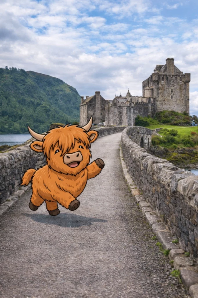 Eine niedliche, cartoonartige Illustration einer orangebraunen, zotteligen Hochlandkuh (Highland Cow), die fröhlich auf der Steinbrücke zum Eilean Donan Castle entlanghüpft. Die Kuh hat kleine Hörner, ein breites Lächeln und eine gehobene Hufe zum Gruß. Im Hintergrund ist das historische Schloss unter einem leicht bewölkten blauen Himmel zu sehen.