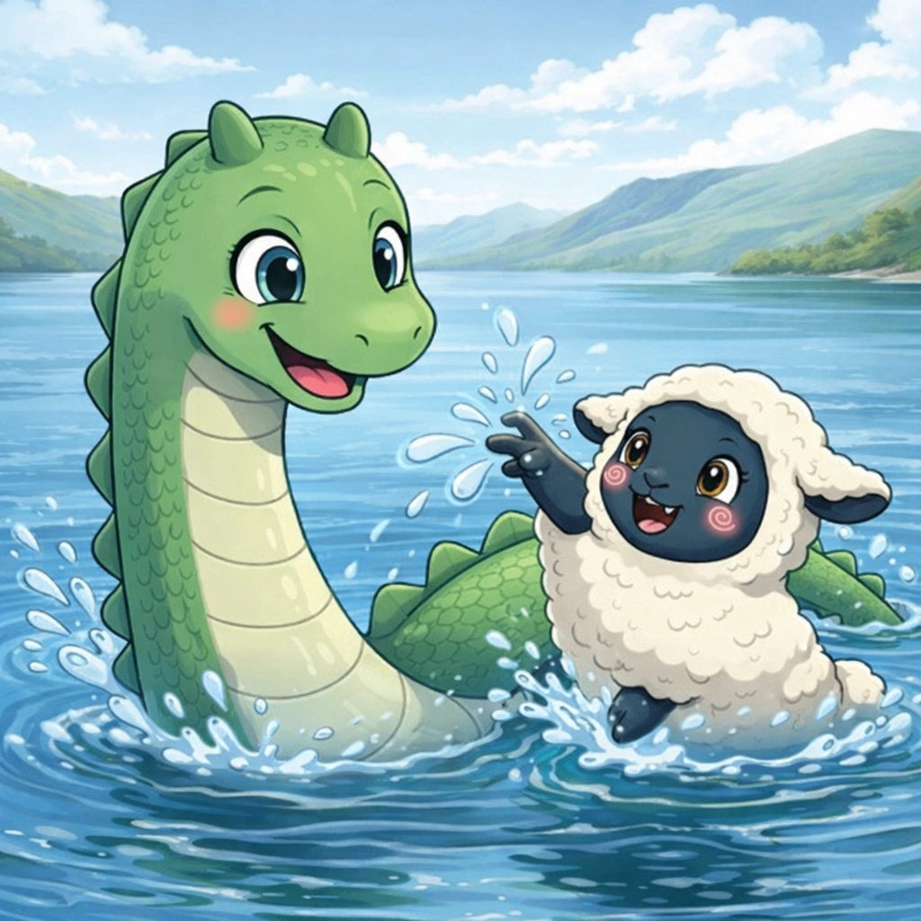 Eine niedliche Comic-Illustration eines grünen Seemonsters (Nessie) und eines kleinen Schafes, die gemeinsam im blauen Wasser des Loch Ness planschen.