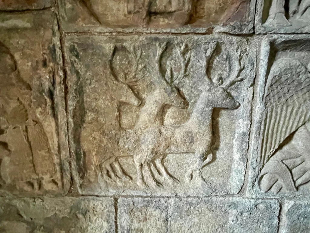 Ein steinernes Relief, das zwei hintereinander laufende Hirsche mit ausgeprägtem Geweih darstellt. Die Tiere sind fein in den Stein gearbeitet und Teil der dekorativen Paneele innerhalb der Kirche.