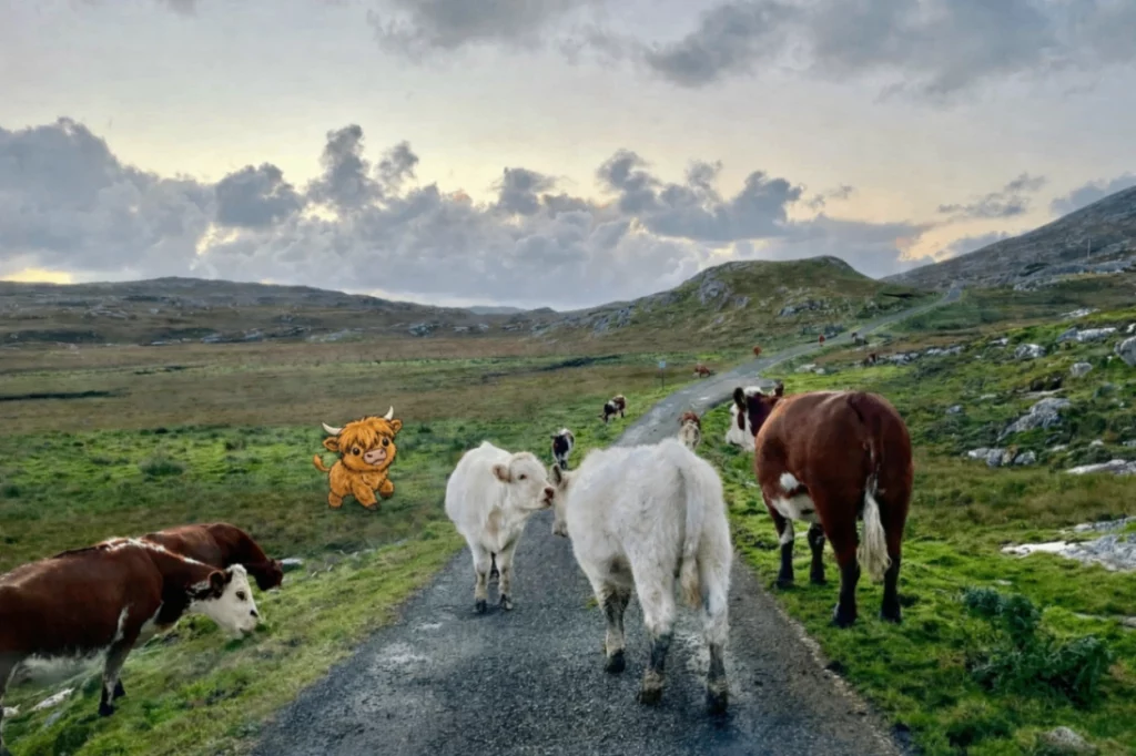 Eine herbstliche Berglandschaft mit einer Herde echter Rinder, die auf einer schmalen Asphaltstraße stehen. Im Vordergrund sind braun-weiße und weiße Kühe zu sehen. Links neben der Straße ist eine kleine, niedliche Cartoon-Figur eines flauschigen, braunen Hochlandrinds eingefügt, das fröhlich über das grüne Gras hüpft. Der Himmel im Hintergrund ist bewölkt und zeigt die sanften Farben eines späten Nachmittags.