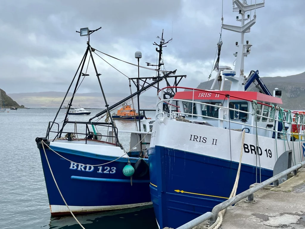 Zwei blau-weiße Fischerboote mit den Kennungen „BRD 123“ und „IRIS II“ liegen fest vertäut an der Kaimauer.