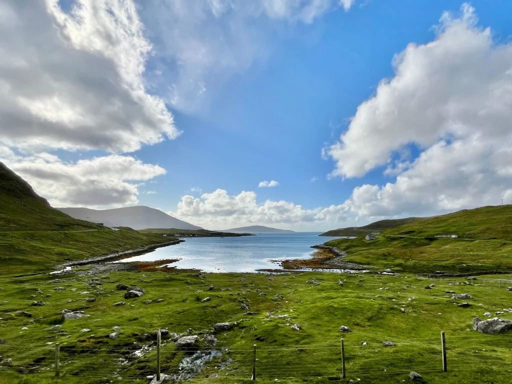 Eine weite Panoramaaufnahme einer tiefblauen Meeresbucht, die von saftig grünen, hügeligen Wiesen umgeben ist. Im Vordergrund sieht man einen einfachen Drahtzaun und verstreute Felsbrocken, während der strahlend blaue Himmel mit großen, weißen Kumuluswolken gefüllt ist.