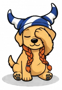 Eine niedliche Comic-Illustration eines goldenen Welpen. Er trägt eine blau-weiß gestreifte Mütze mit Wikingerhörnern und zwei lange, orangefarbene Zöpfe. Der Welpe hält sich schüchtern oder lachend eine Pfote vors Gesicht.