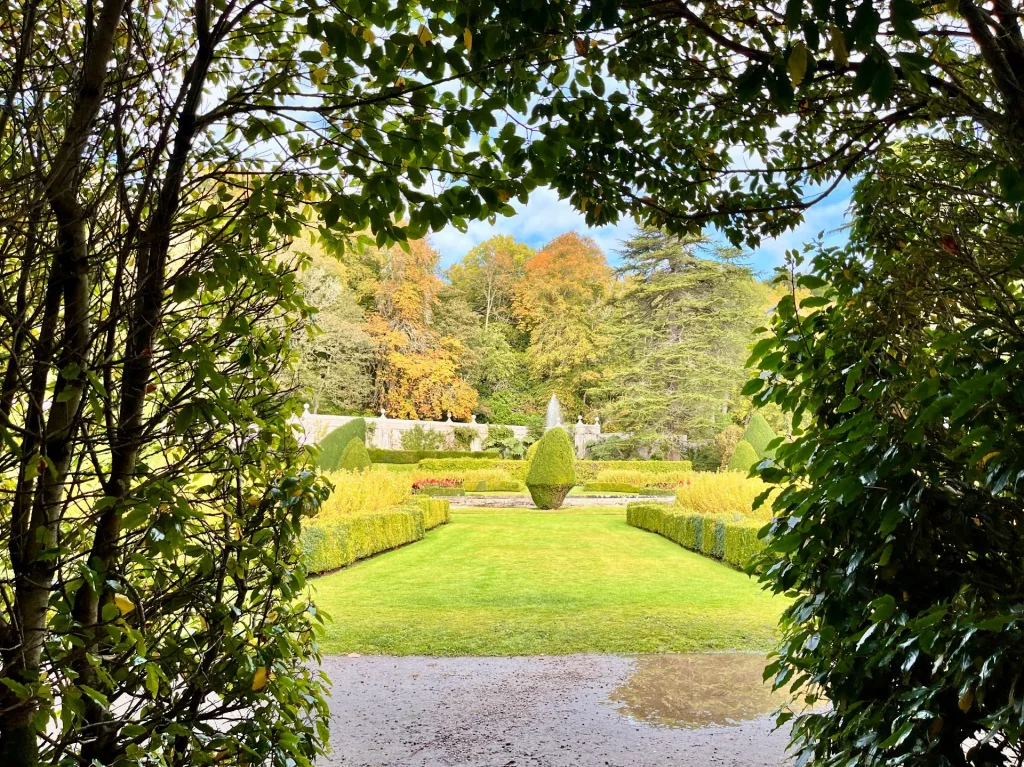 Eine Perspektive durch einen natürlichen Torbogen aus grünen Blättern auf eine gepflegte Rasenfläche mit kegelförmig zugeschnittenen Büschen und herbstlichen Bäumen im Hintergrund.