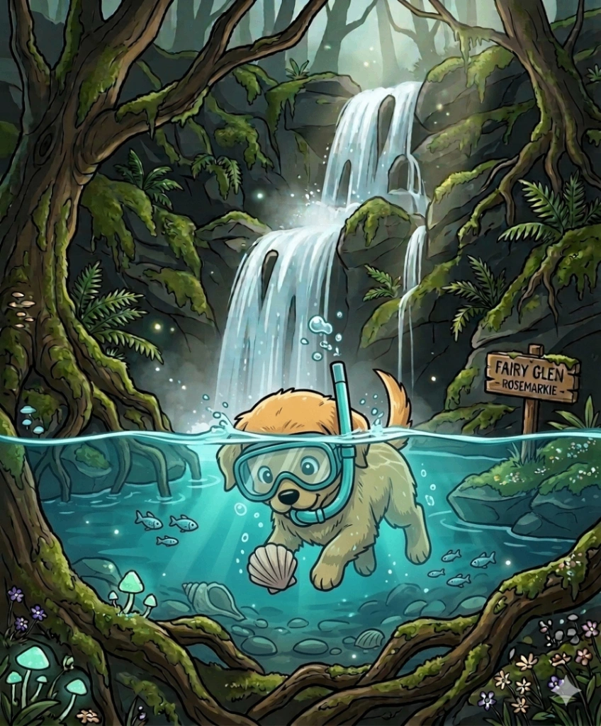 Farbenfrohe Illustration eines kleinen goldenen Hundes mit Taucherbrille und Schnorchel, der im klaren Wasser eines magischen Waldsees taucht. Im Hintergrund ein Wasserfall und ein Schild mit der Aufschrift „Fairy Glen - Rosemarkie“.