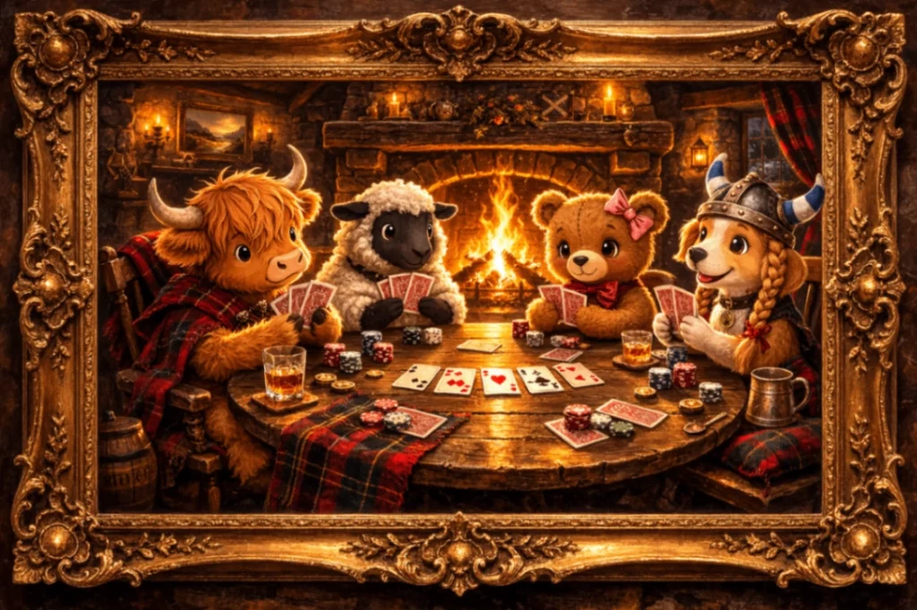Ein humorvolles Ölgemälde in einem prunkvollen Goldrahmen, das typische schottische Charaktere – ein Hochlandrind, ein schwarzes Schaf, einen Hund mit Wikingerhelm und einen Bären – in Tweed-Kleidung beim Kartenspielen und Whiskey-Trinken in einer rustikalen Kaminhalle zeigt.