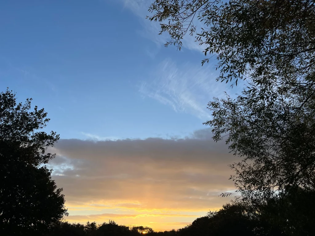 Spektakulärer Sonnenaufgang über dem Campingplatz in Wick, Schottland, mit goldgelbem Horizont und dunklen Baumsilhouetten unter einem blau-grauen Wolkenhimmel.