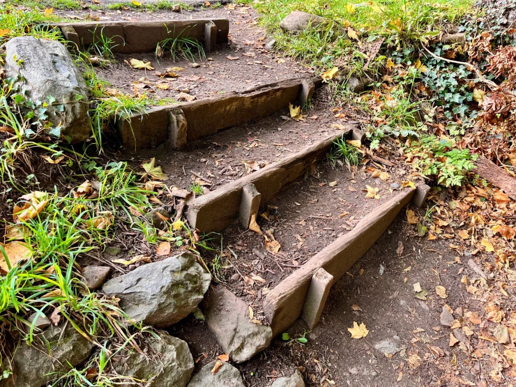 Eine einfache Treppe aus Holzbohlen und Erde führt einen Hügel im Wald hinauf, gesäumt von Steinen und Gras.
