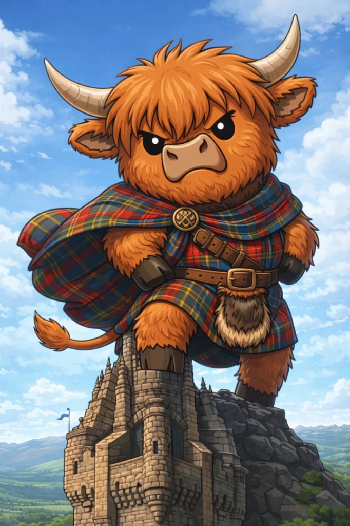 Cartoon-Illustration einer grimmigen Highland-Cattle-Kuh im Kilt, die riesengroß auf dem Wallace Monument steht.