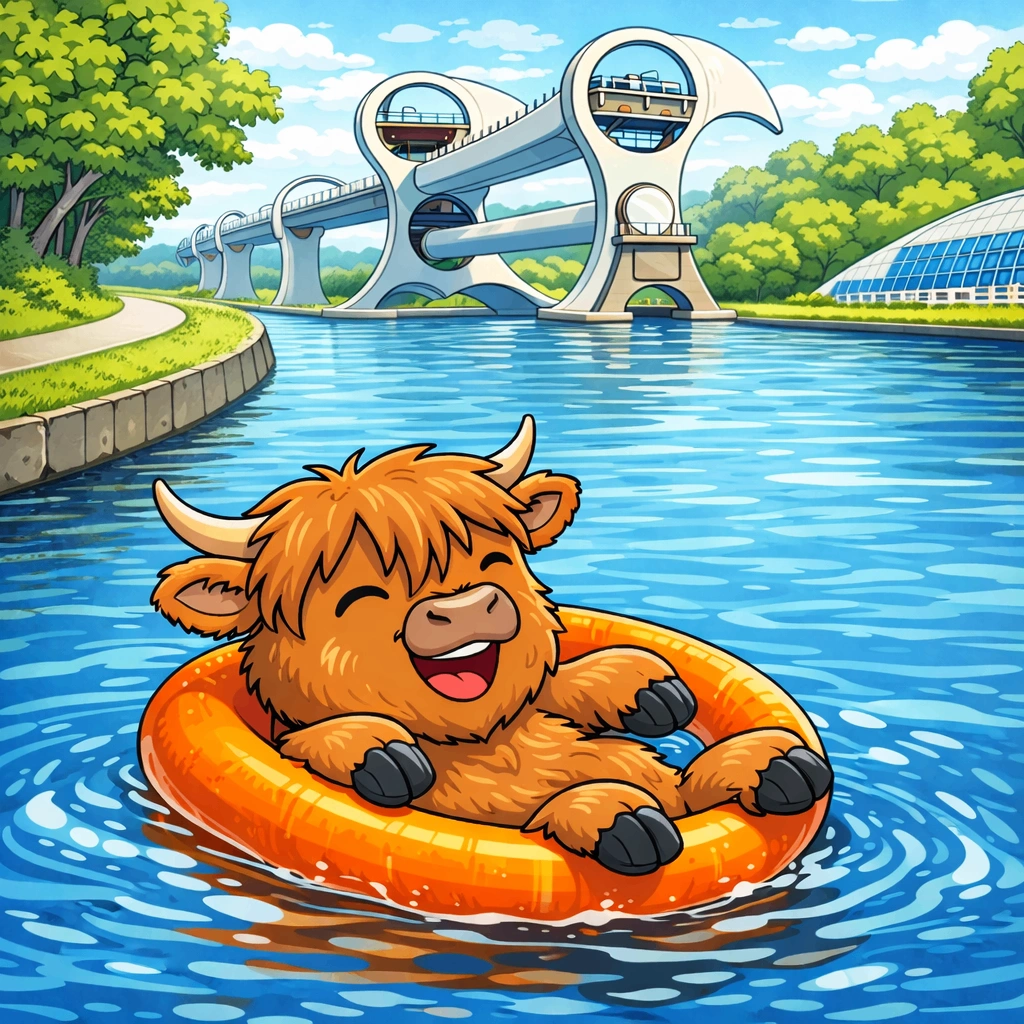 Farbenfrohe Illustration des Hochlandrind-Maskottchens Angus, das fröhlich in einem orangefarbenen Rettungsring auf dem Wasser vor dem Falkirk Wheel treibt.