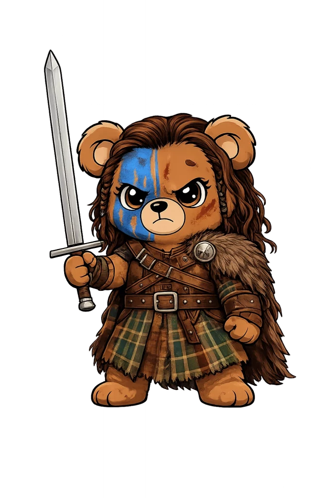Illustration eines kleinen Teddybären als Krieger mit blauer Gesichtsbemalung, Schwert und schottischem Kilt.
