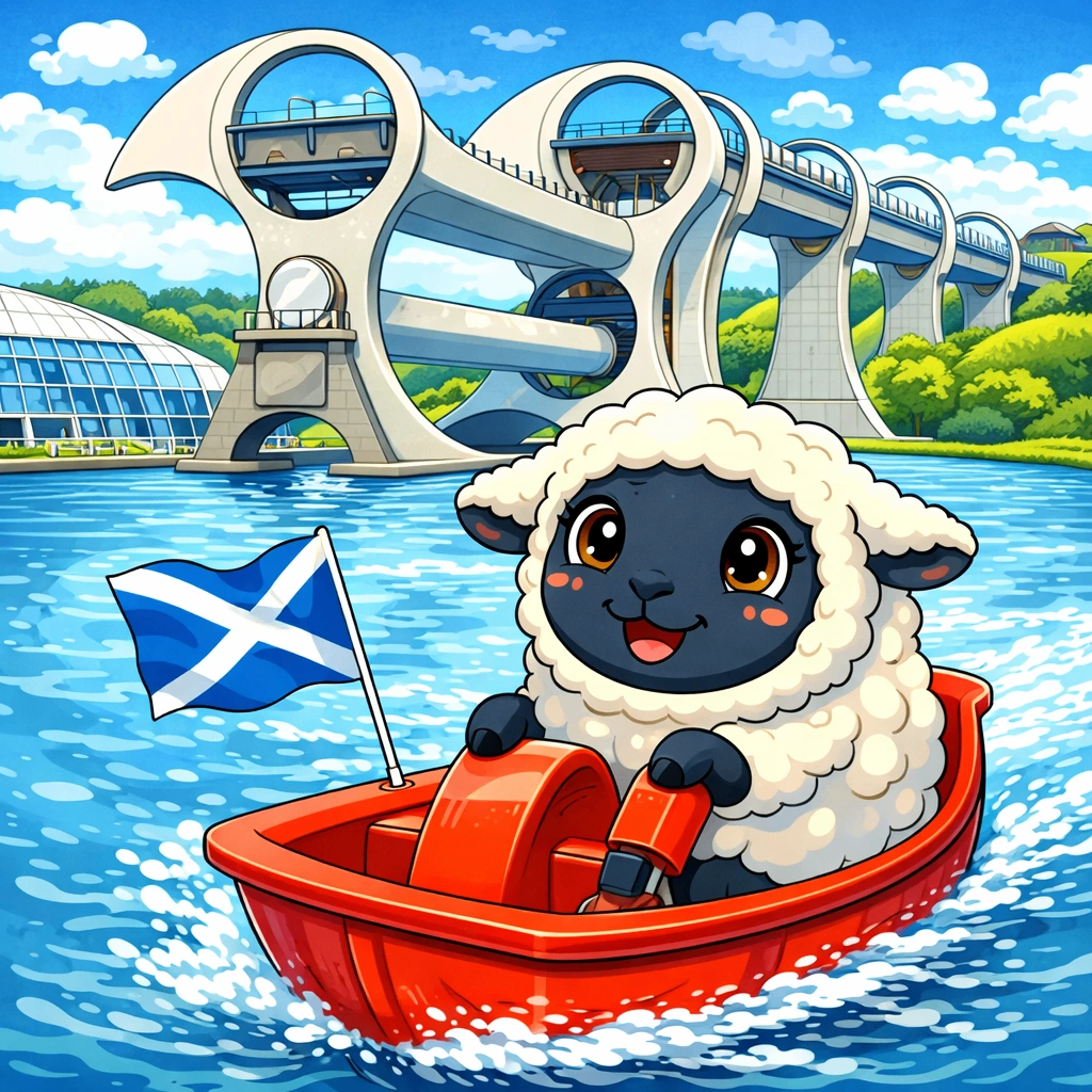 Farbenfrohe Illustration des Maskottchens Schaf Fiona in einem kleinen roten Boot mit schottischer Flagge, das im Wasserbecken vor dem Falkirk Wheel Schiffshebewerk fährt.