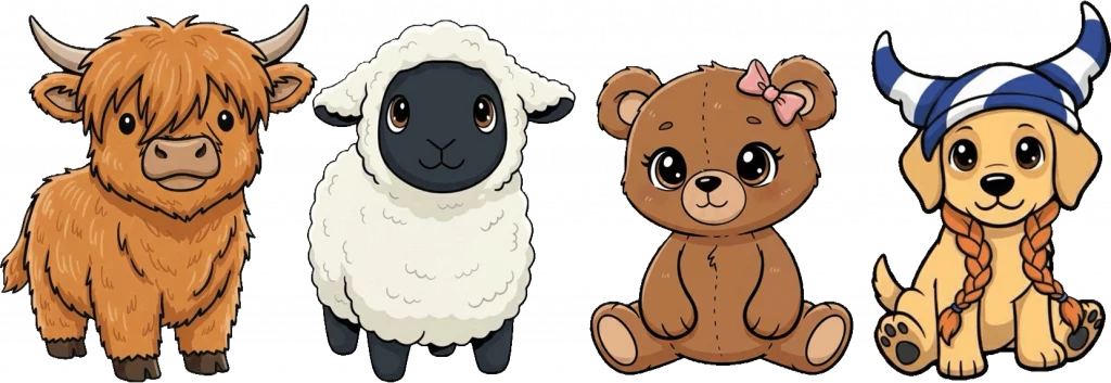 Vier niedliche Comic-Tiere nebeneinander: Angus, ein zotteliges Hochlandrind, Fiona, ein weißes Schaf mit dunklem Gesicht, Bärbel, ein Teddybär mit rosa Schleife und Wuff, ein Hund mit Schottenmütze und Zöpfen.