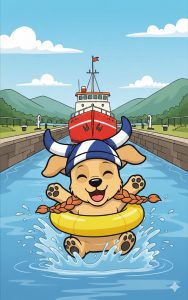 Eine Comic-Illustration eines fröhlichen Hundes mit Schottenhut und gelbem Schwimmring, der im Wasser vor einem roten Schiff in einer Schleuse spielt.