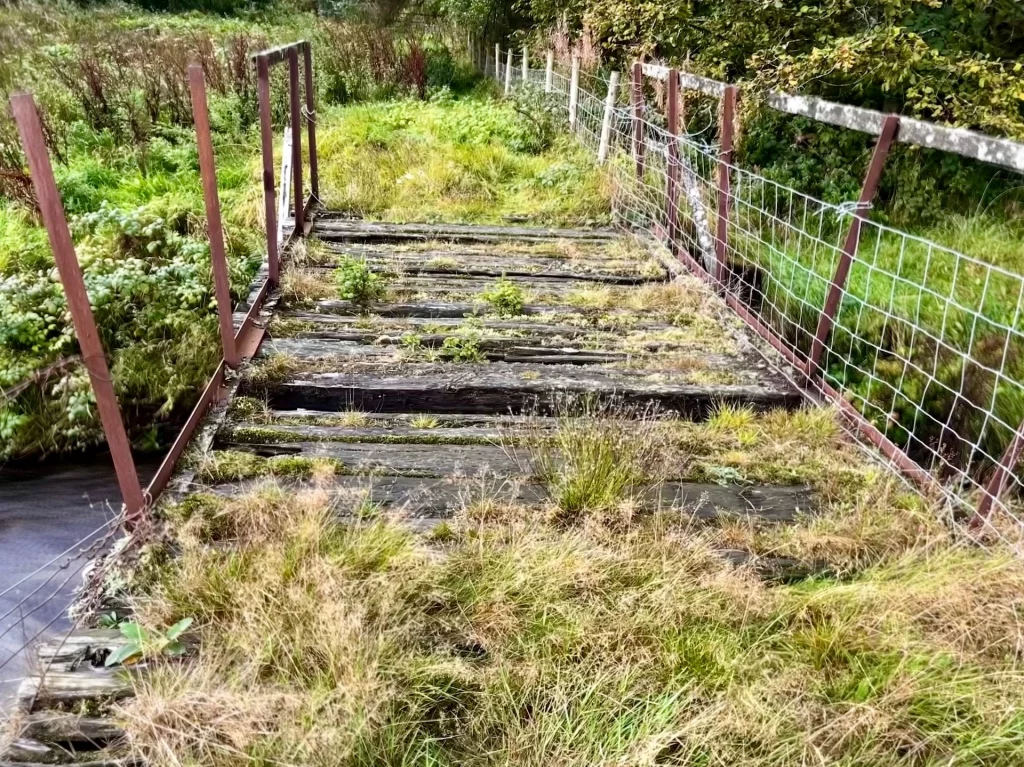 Eine alte, mit Moos und Gras bewachsene Brücke aus dunklen Holzplanken und einem einfachen Drahtzaun-Geländer führt über das Wasser des Ae.