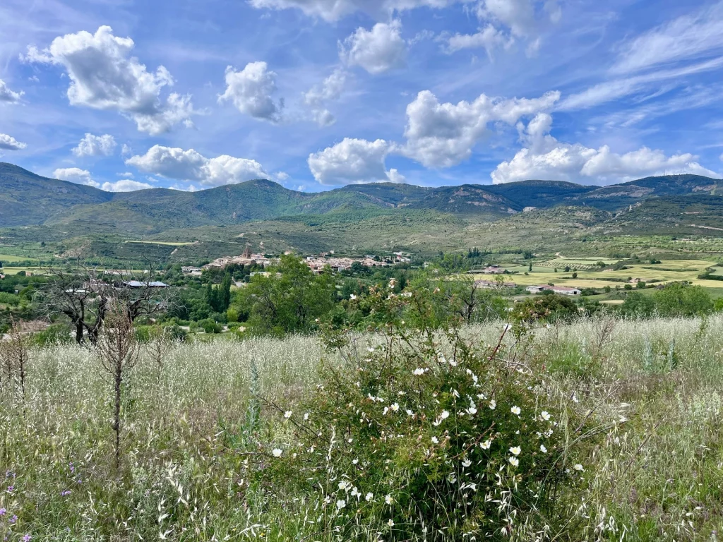 Weiter Blick von der Festung Castillo de Loarre hinab auf das kleine, friedliche spanische Dorf in der Ebene Aragoniens.