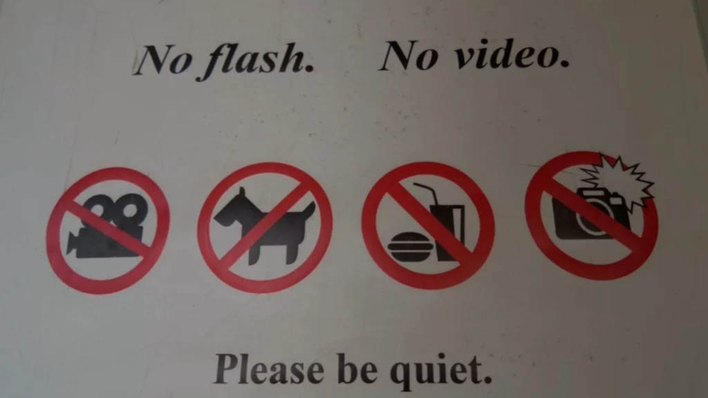 Ein weißes Hinweisschild mit der schwarzen Aufschrift "No flash. No video." oben und "Please be quiet." unten. In der Mitte zeigen vier rote Verbotsschilde durchgestrichene Symbole für Videokameras, Hunde, Essen und Trinken sowie Blitzlichtfotografie.