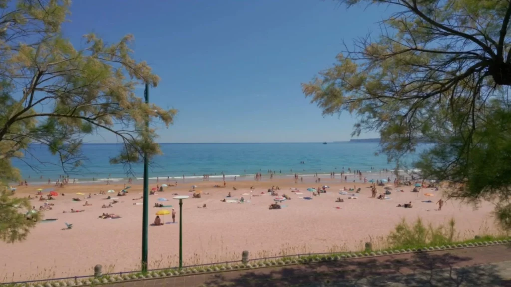 Blick durch mediterrane Bäume auf den feinsandigen Strand Playa de los Bikinis in Santander mit Badegästen, bunten Sonnenschirmen und ruhigem, blauem Meer unter klarem Himmel.