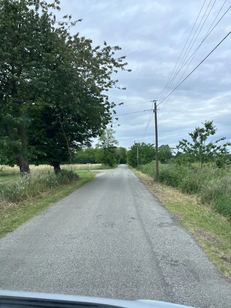 Blick aus dem Cockpit eines Wohnmobils auf eine schmale, asphaltierte französische Landstraße, umgeben von grünen Bäumen und Wiesen auf dem Weg zur Höhle von Bédeilhac.