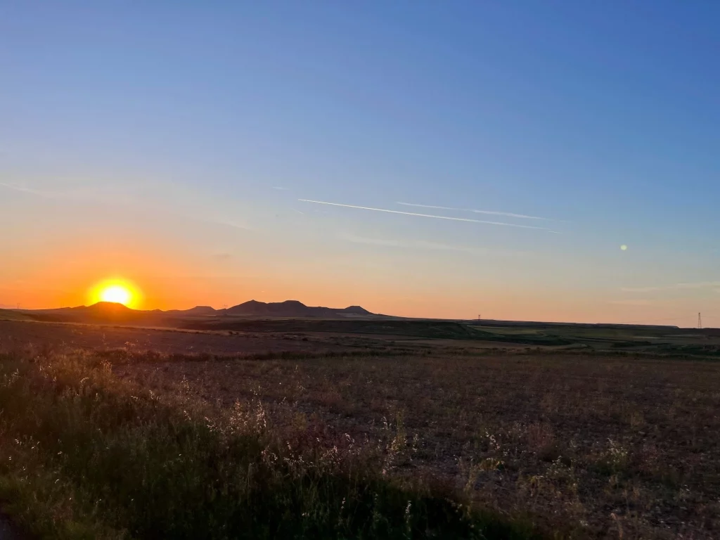 Ein glühend roter Abendhimmel im Sonnenuntergang, vor dem unzählige Insekten als kleine Punkte in der Luft tanzen.